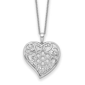 925 Sterling Silver CZ Antiqued Sisterhood Flower Heart 18in Necklace